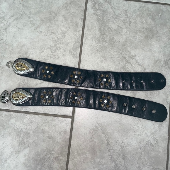 MIKKI G VINTAGE RARE Black Leather Custom-Cast Pewter Gold Swarovski Belt - Picture 7 of 11